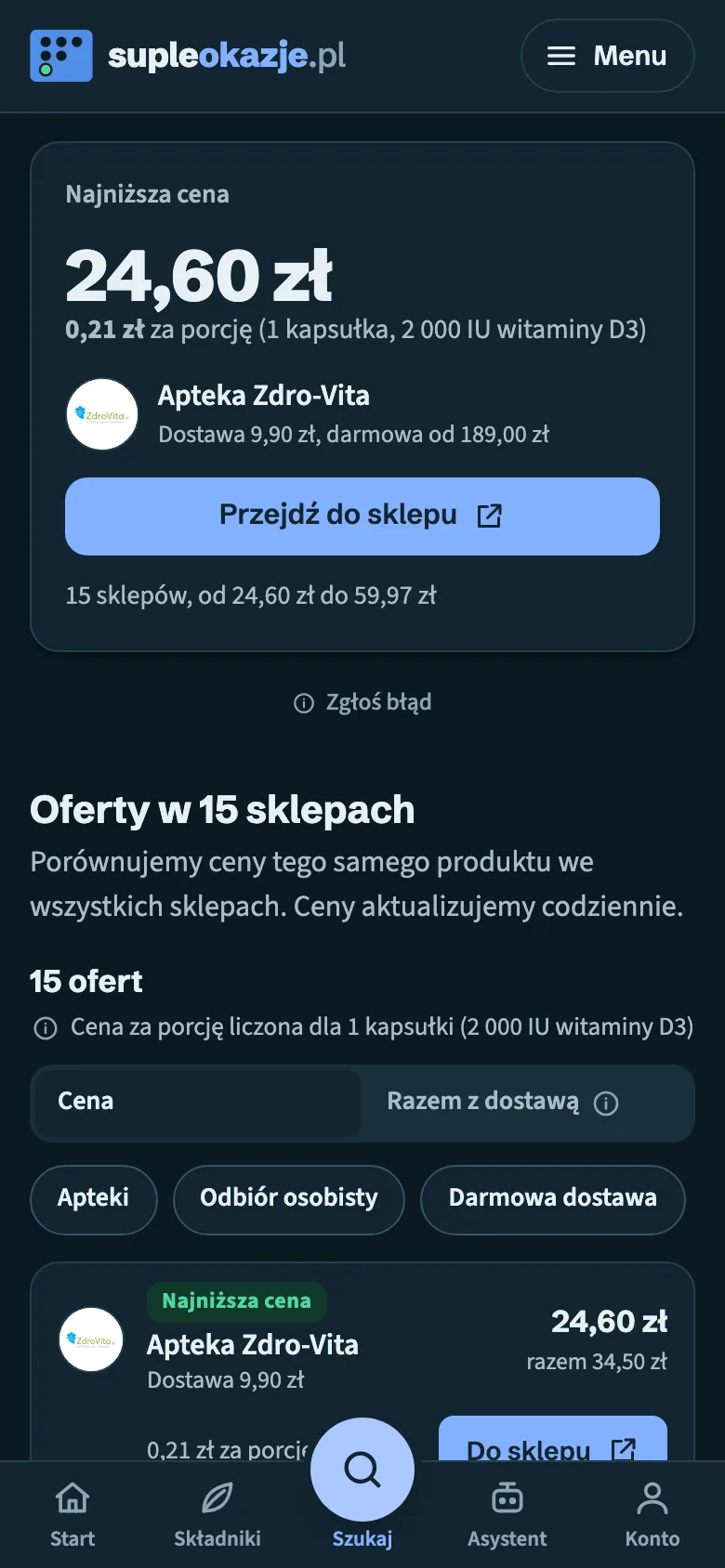 Strona produktu z najniższą ceną i ofertami sklepów