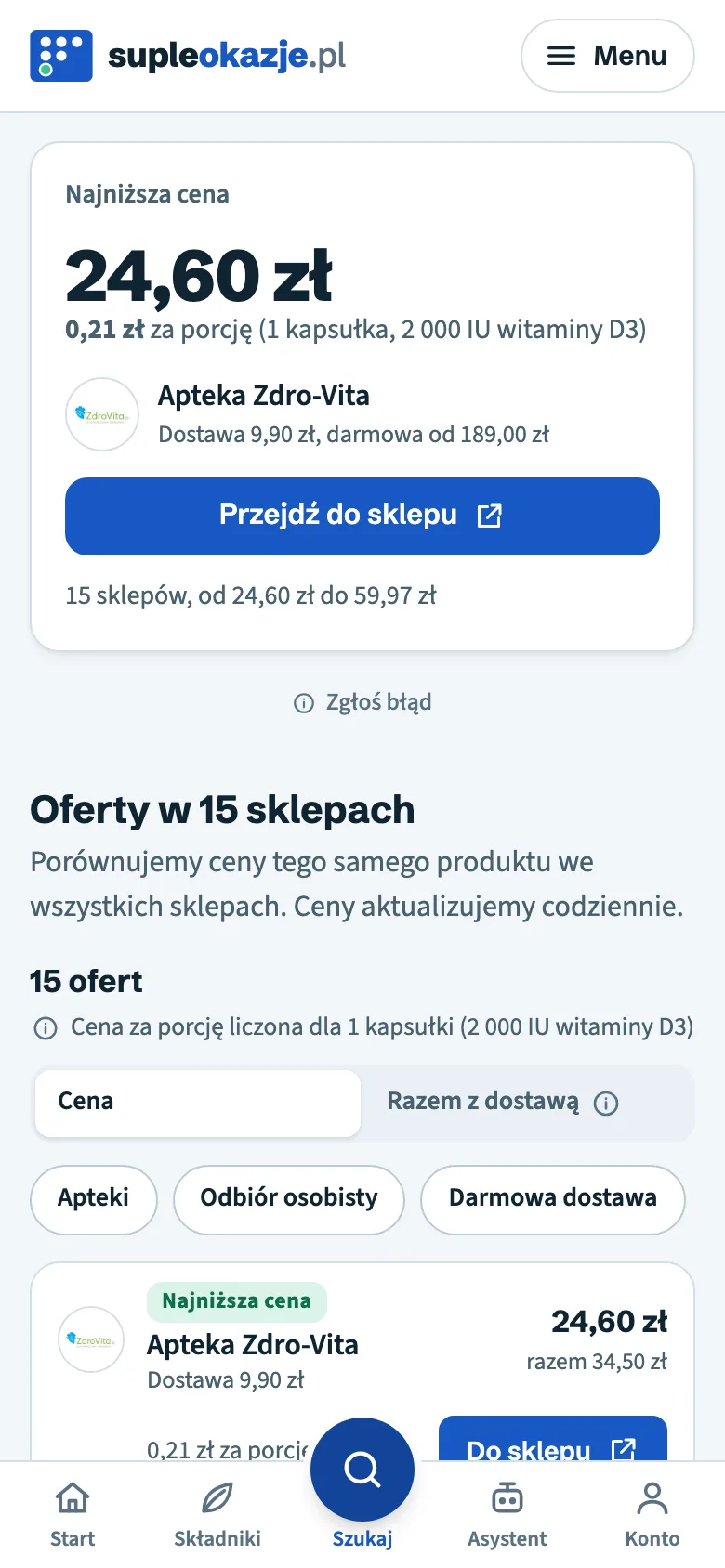 Strona produktu z najniższą ceną i ofertami sklepów