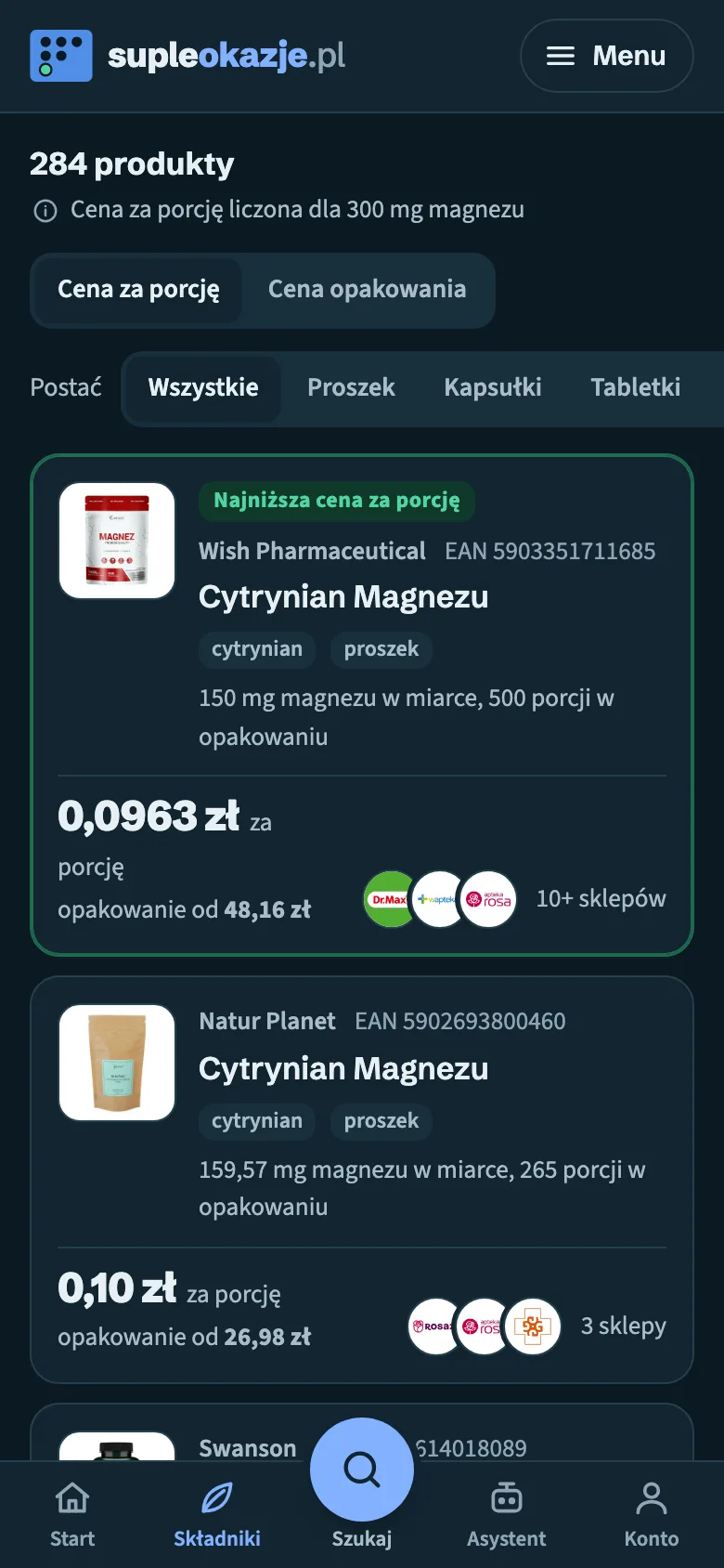 Ranking produktów z magnezem według ceny za porcję