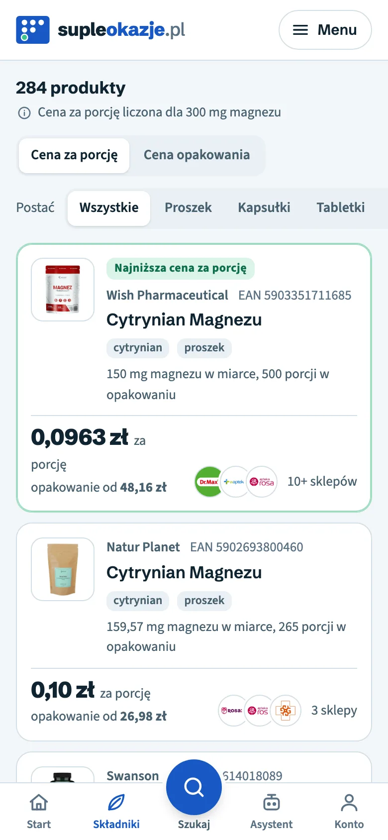 Ranking produktów z magnezem według ceny za porcję