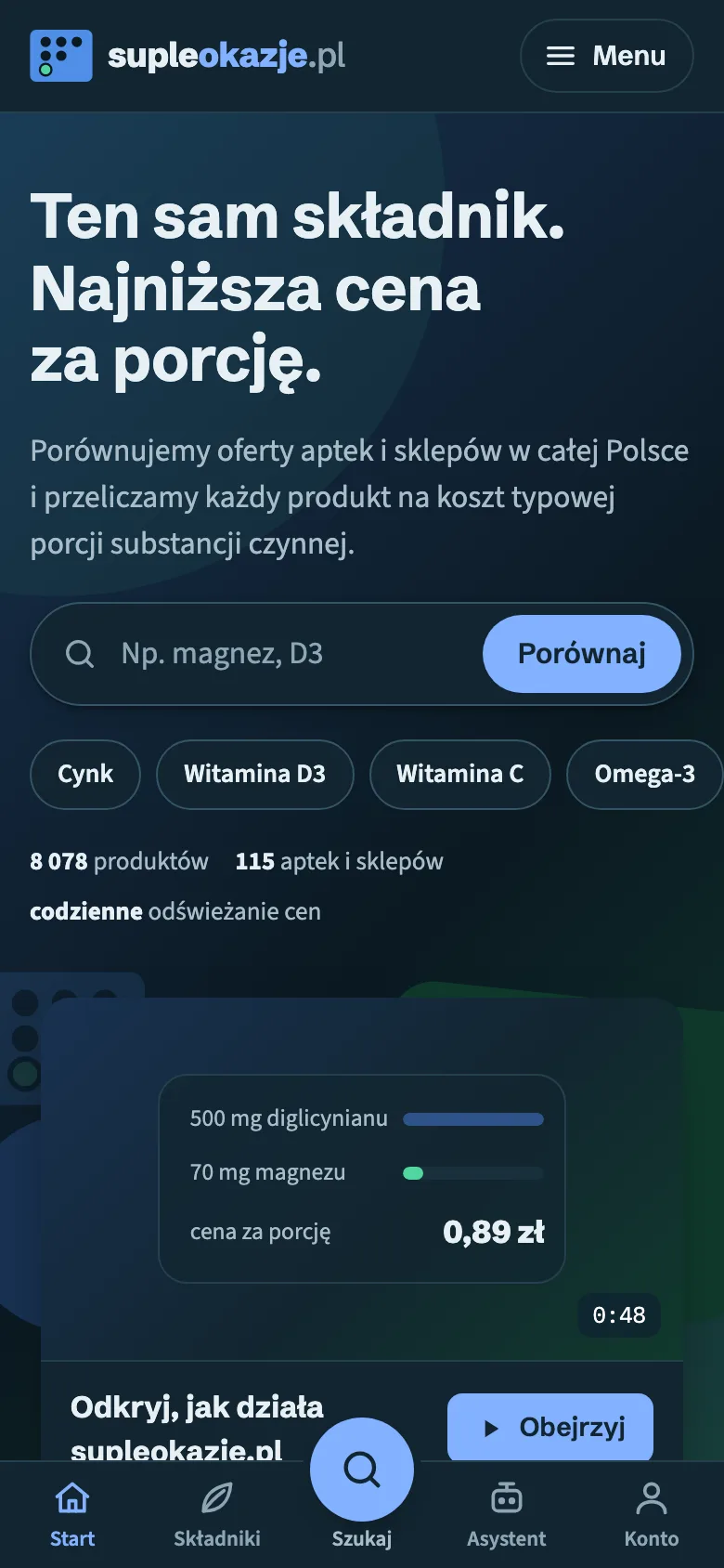 Strona główna supleokazje.pl z wyszukiwarką suplementów
