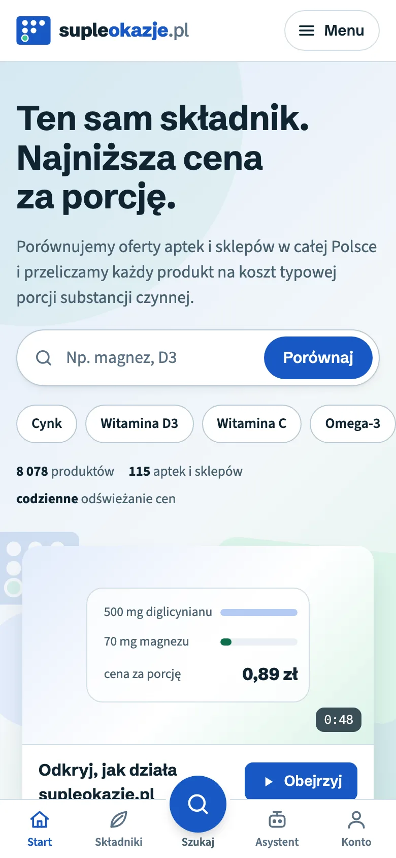 Strona główna supleokazje.pl z wyszukiwarką suplementów
